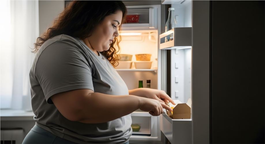 otyła kobieta przy lodówce 